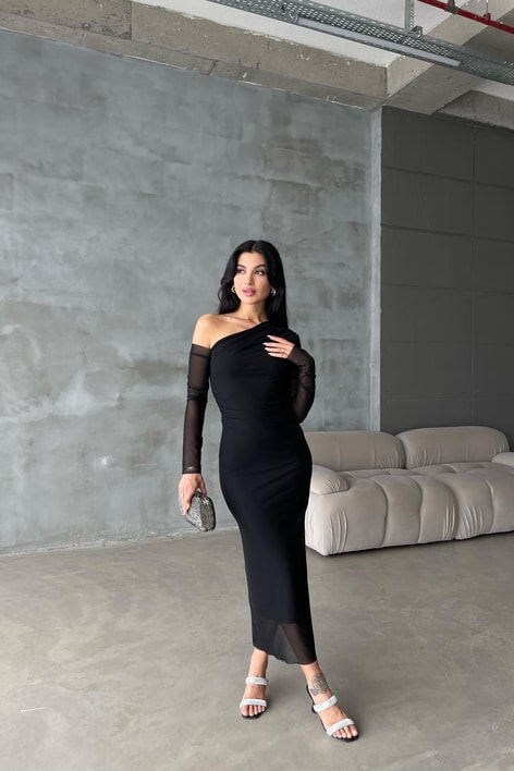 Tek Kol Tül Elbise Siyah