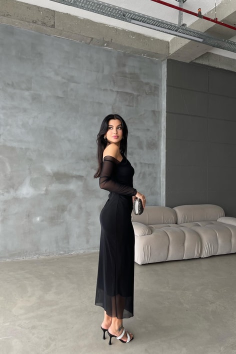 Tek Kol Tül Elbise Siyah