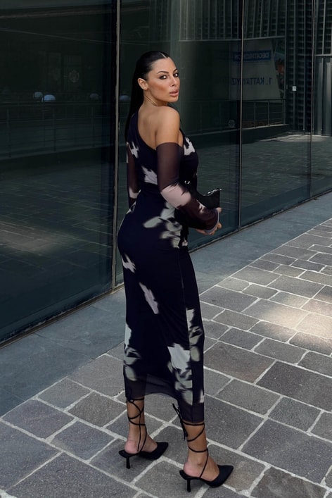 Tek Omuz Colorful Elbise Siyah