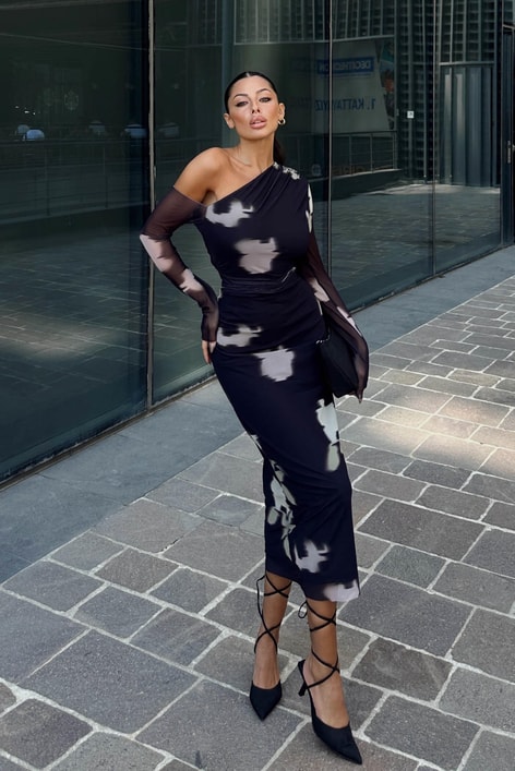 Tek Omuz Colorful Elbise Siyah