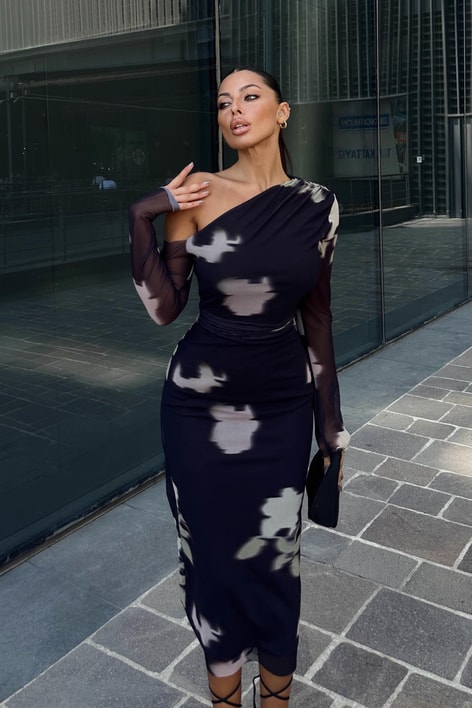 Tek Omuz Colorful Elbise Siyah