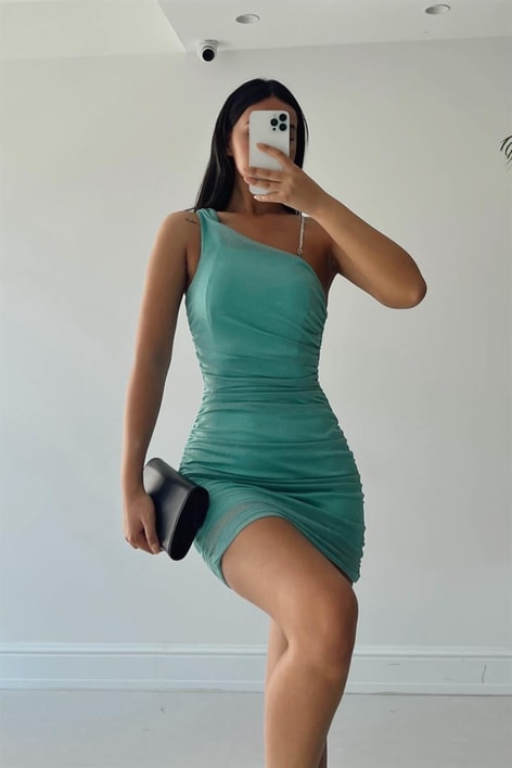 Tek Omuz Simli Yolanthe Elbise Su Yeşili