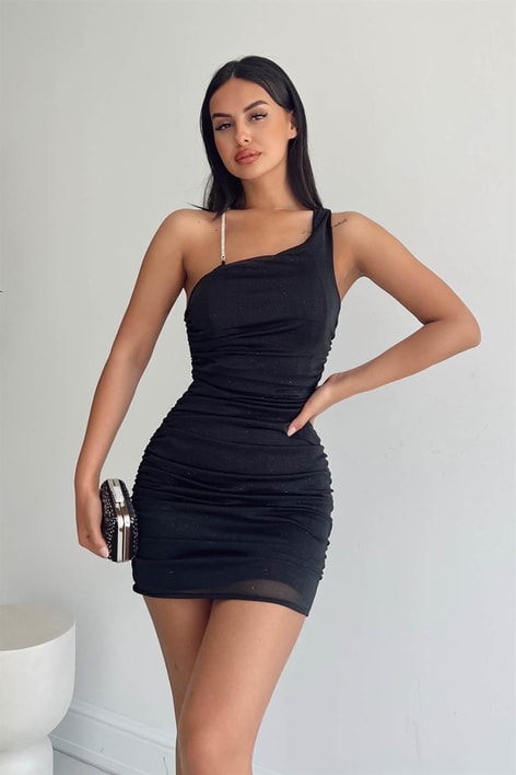 Tek Omuz Simli Yolanthe Elbise Siyah