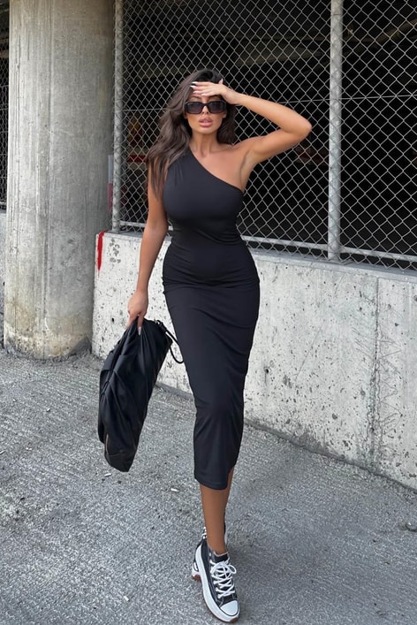 Tek Omuz Violet Elbise Siyah