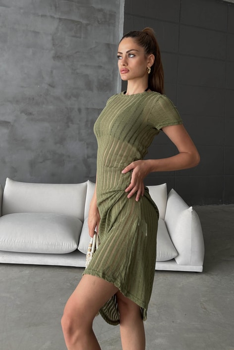 Transparan Fitilli Elbise Haki