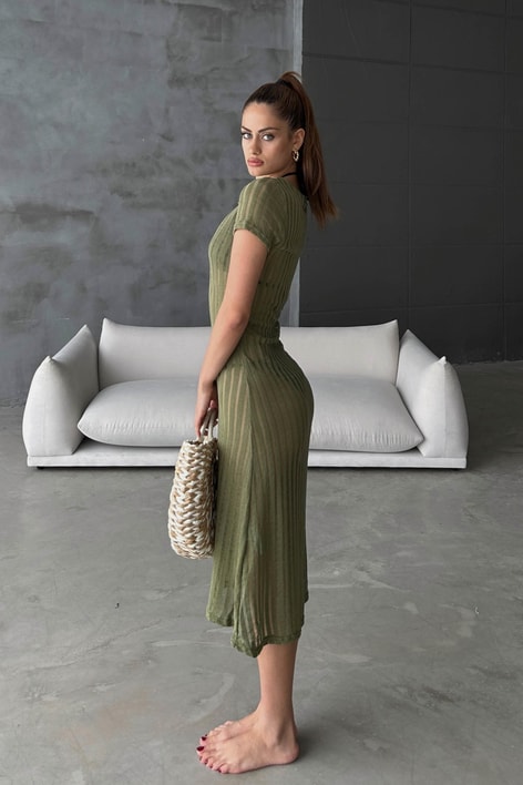 Transparan Fitilli Elbise Haki