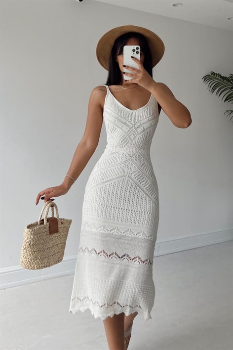 Triko Askılı Darla Elbise Ekru