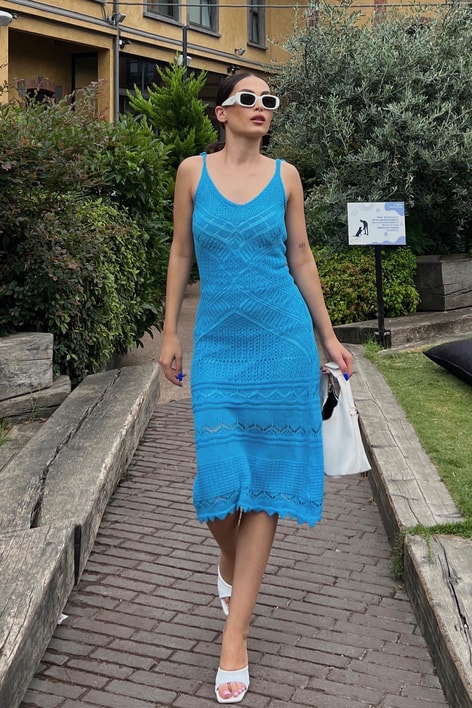 Triko Askılı Darla Elbise Turkuaz