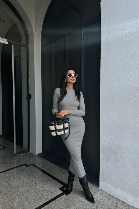 Triko Kalem Elbise Gri