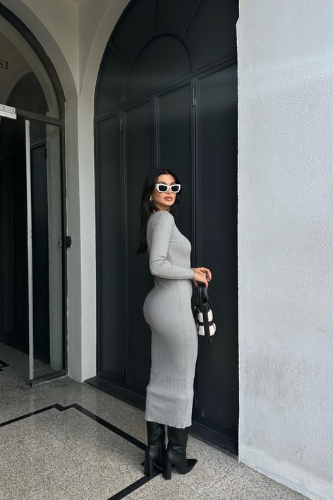 Triko Kalem Elbise Gri