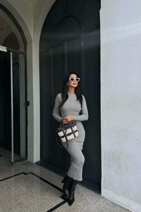 Triko Kalem Elbise Gri