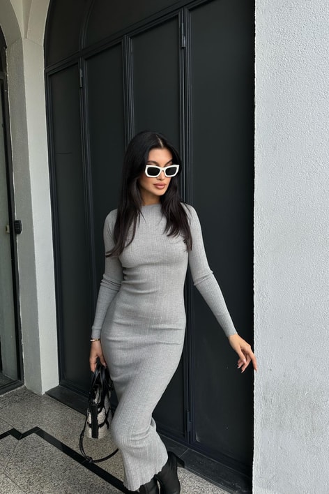 Triko Kalem Elbise Gri