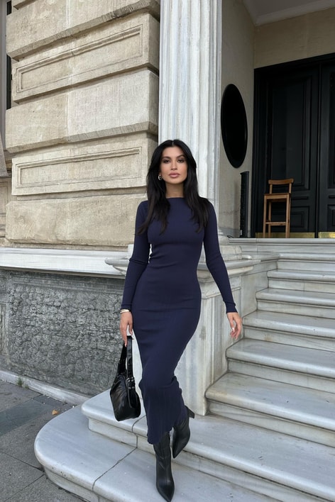 Triko Kalem Elbise Lacivert