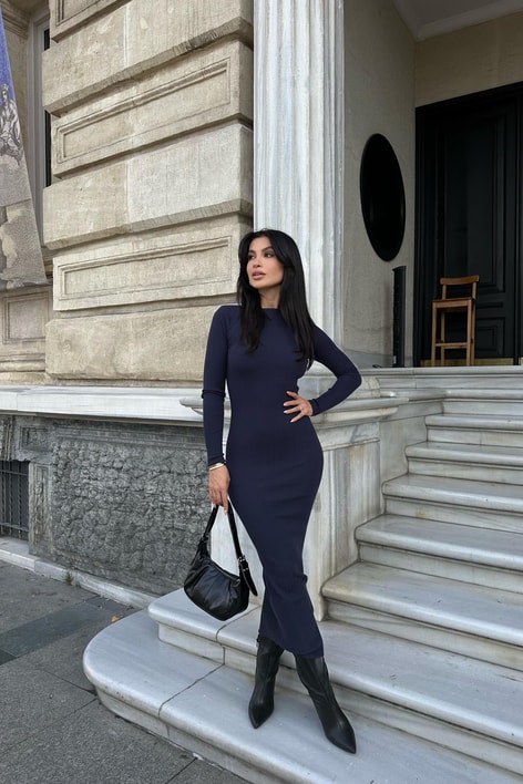 Triko Kalem Elbise Lacivert