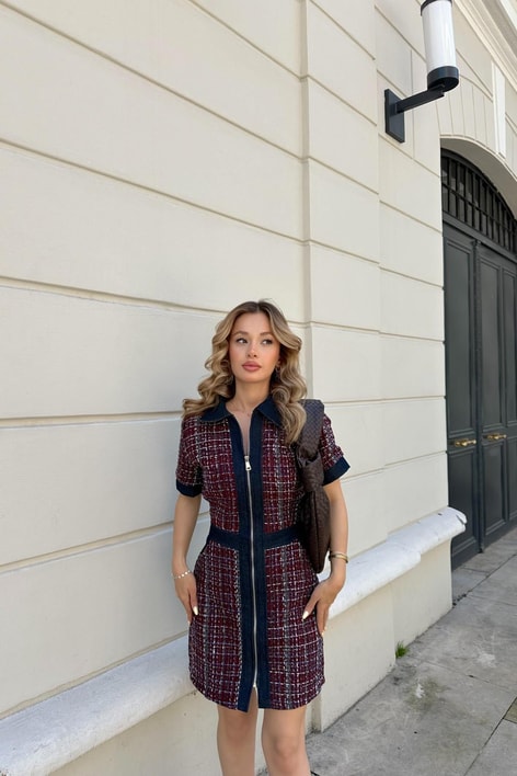 Tüvit Denim Elbise Bordo
