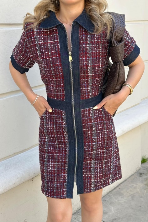Tüvit Denim Elbise Bordo