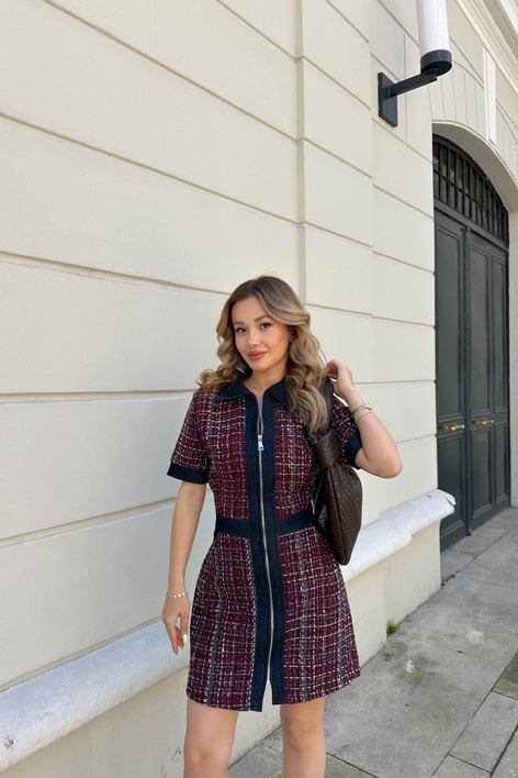 Tüvit Denim Elbise Bordo