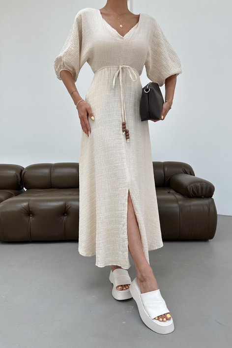 V Yaka Alaçatı Müslin Elbise Krem