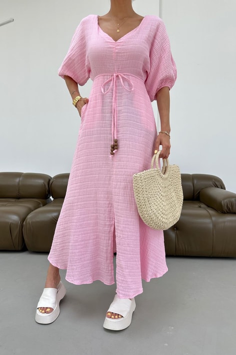 V Yaka Alaçatı Müslin Elbise Pembe