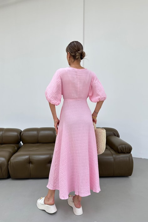 V Yaka Alaçatı Müslin Elbise Pembe