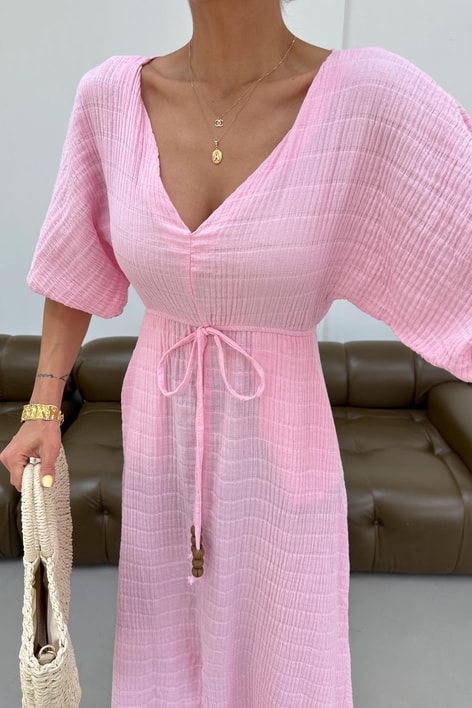 V Yaka Alaçatı Müslin Elbise Pembe