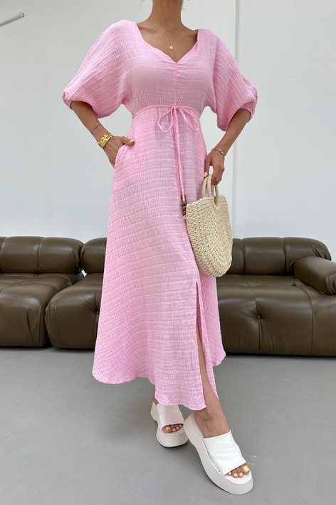 V Yaka Alaçatı Müslin Elbise Pembe