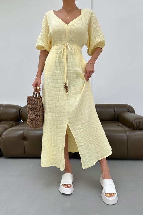 V Yaka Alaçatı Müslin Elbise Sarı