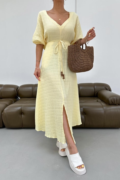 V Yaka Alaçatı Müslin Elbise Sarı