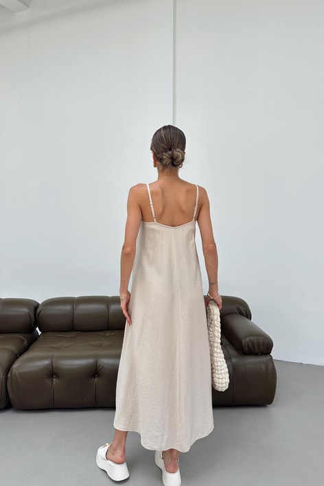 V Yaka Askılı Tensel Elbise Taş