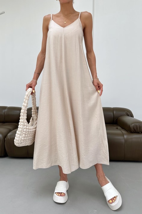 V Yaka Askılı Tensel Elbise Taş