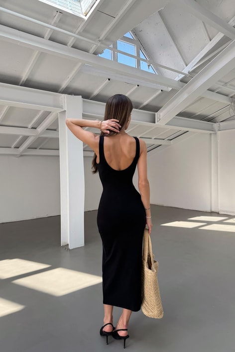 V Yaka Basic Elbise Siyah