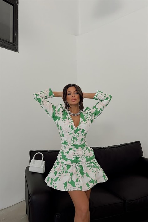 V Yaka Flower Bürümcük Elbise Yeşil