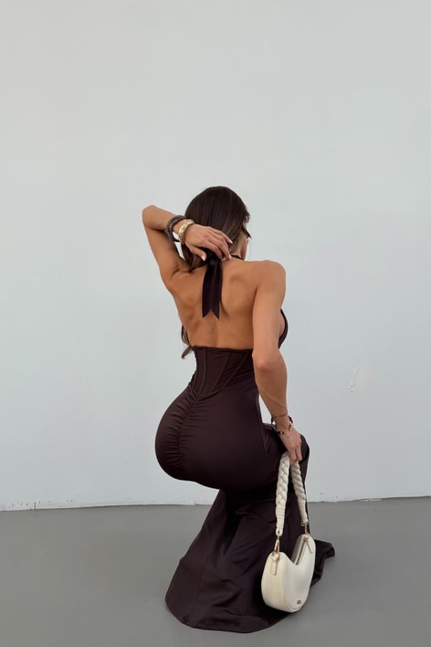 V Yaka Ön Büzgü Elbise Acı Kahve