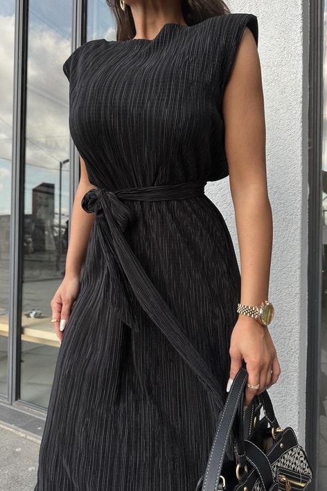 Vatkalı Fitilli Lucky Elbise Siyah