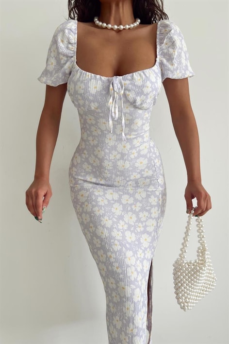 Violetta Yırtmaçlı Elbise Lila