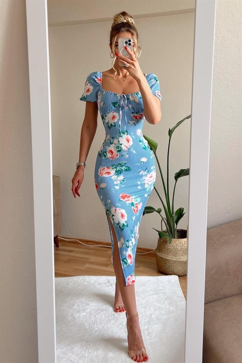 Violetta Yırtmaçlı Elbise Mavi