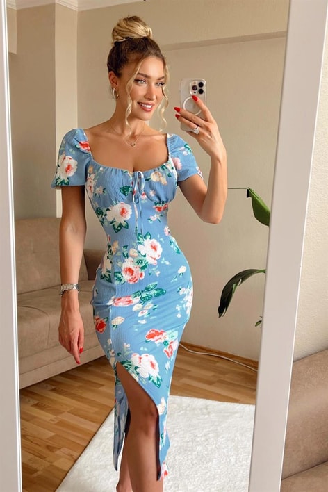 Violetta Yırtmaçlı Elbise Mavi