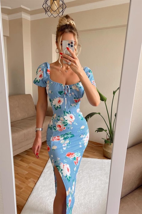 Violetta Yırtmaçlı Elbise Mavi