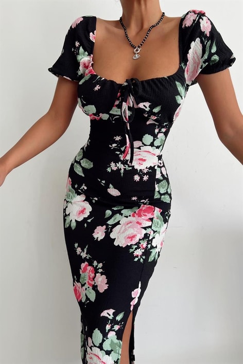 Violetta Yırtmaçlı Elbise Siyah