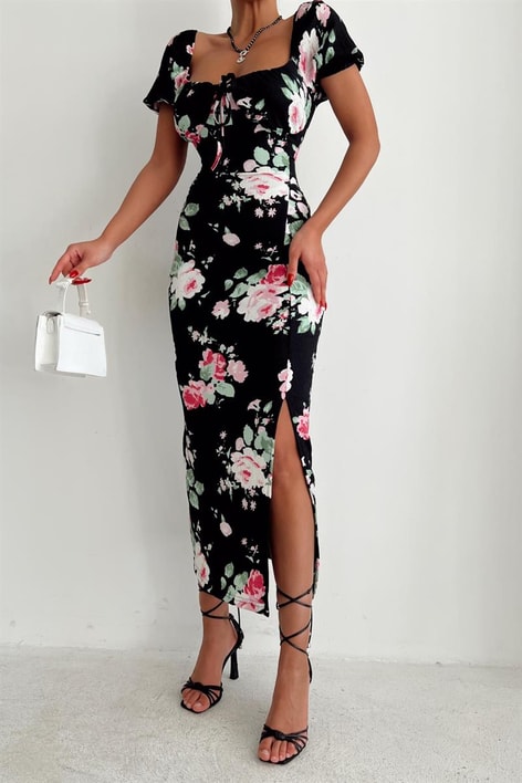 Violetta Yırtmaçlı Elbise Siyah