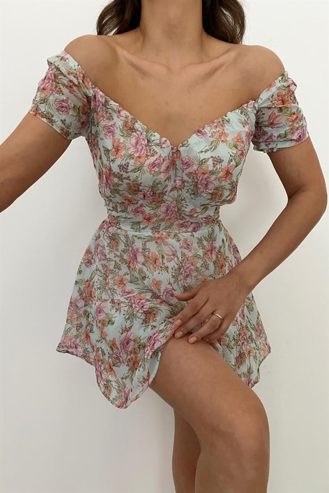 Volanlı Blossom Elbise Su Yeşili