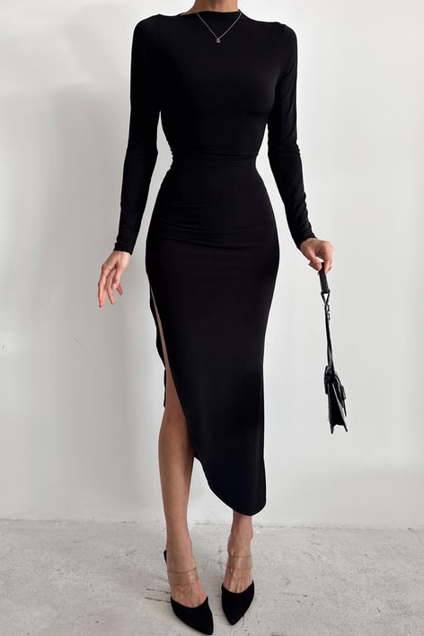 Volia Yan Büzgü Elbise Siyah