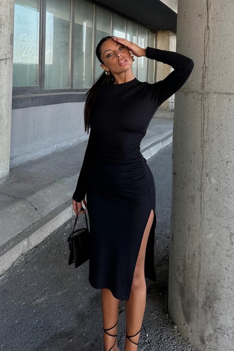 Yan Büzgülü Fitilli Elbise Siyah