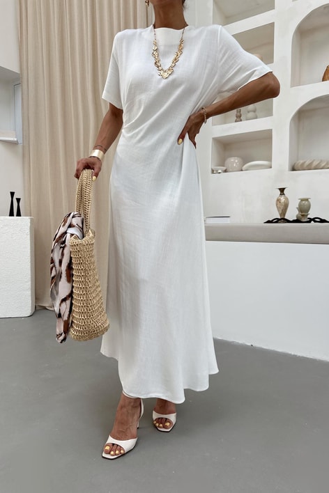 Yan Pileli Keten Elbise Ekru