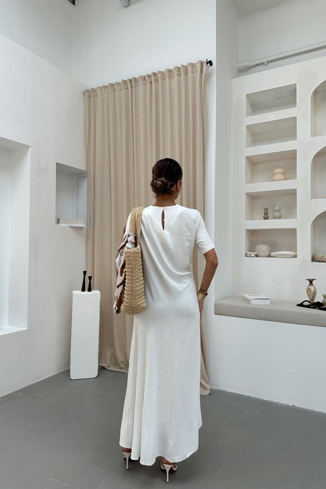 Yan Pileli Keten Elbise Ekru