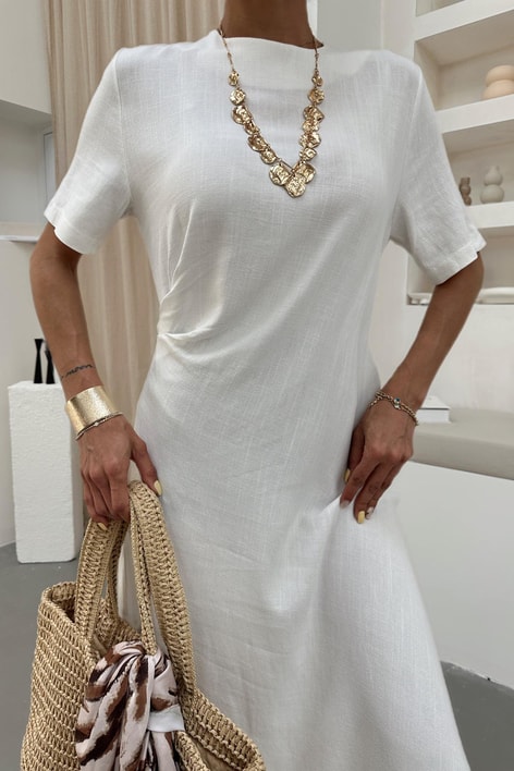 Yan Pileli Keten Elbise Ekru