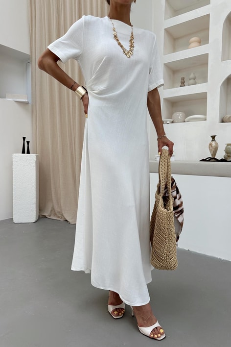 Yan Pileli Keten Elbise Ekru