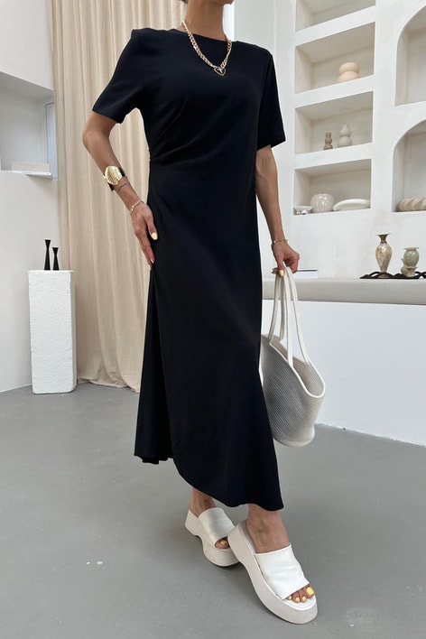 Yan Pileli Keten Elbise Siyah