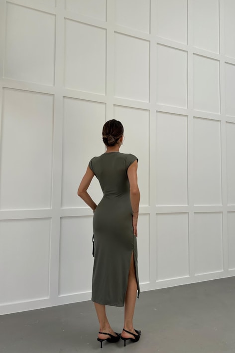 Yandan Bağlamalı Kolsuz Elbise Haki