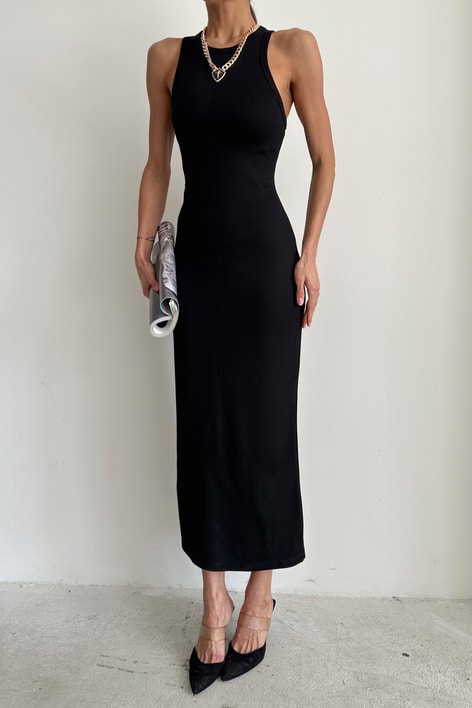 Yırtmaçlı Kalın Askılı Elbise Siyah